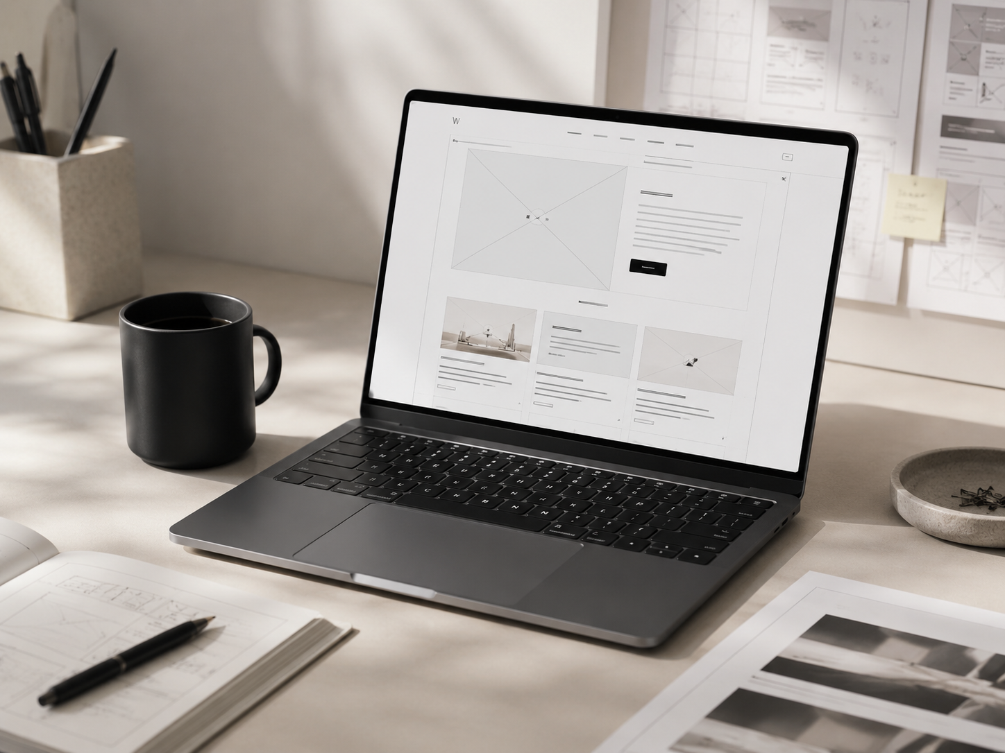 Laptop com wireframes de uma interface editorial em uma mesa de trabalho