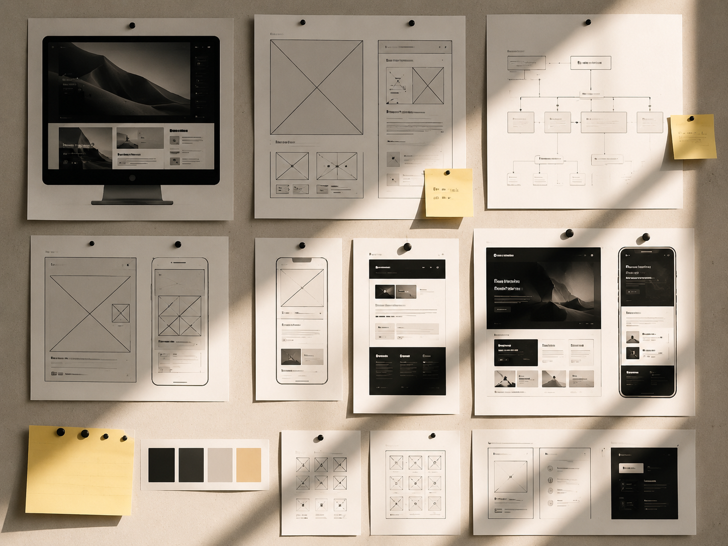 Moodboard com wireframes e estudos de validação visual