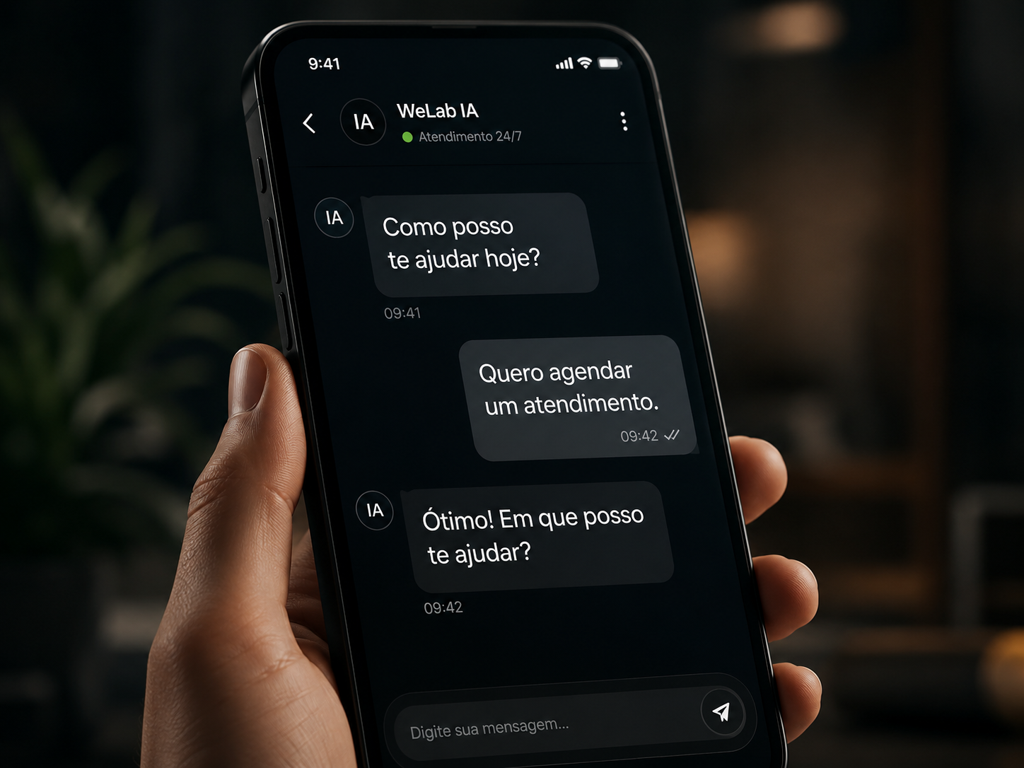 Smartphone com uma interface de atendimento digital em ambiente acolhedor